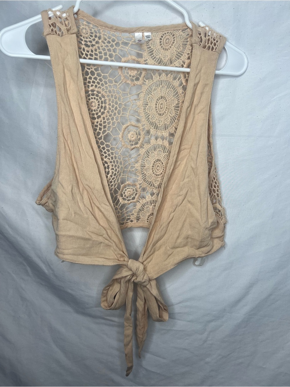 Dots Beige Crochet-Back Tie-Front Tank Top
